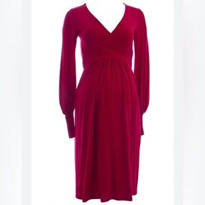 Olian Maternity Rich Red StretchyLong Balloon Sleeve Midi Wrap Dress Small NWT